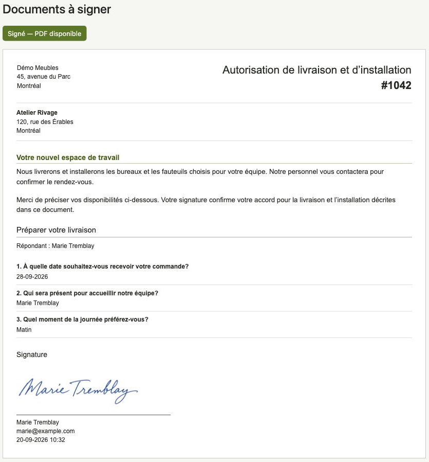 Exemple de document avec ses réponses, sa signature et sa date dans le portail